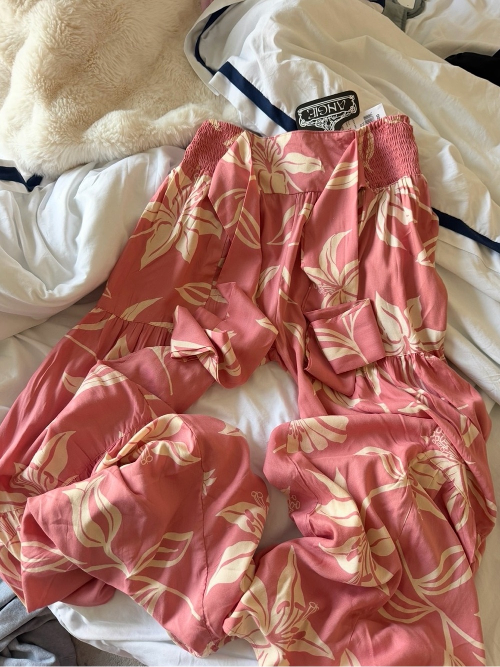 Pink Tropical Floral Wide Leg Pants with Smocked Waist